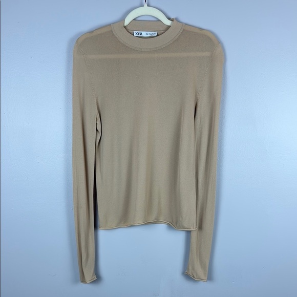 Zara Tan Crewneck Sweater Fitted Lightweight Knit Size Large - Picture 2 of 8